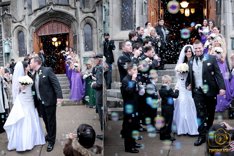21 Wedding photography with bubbles walking out of church